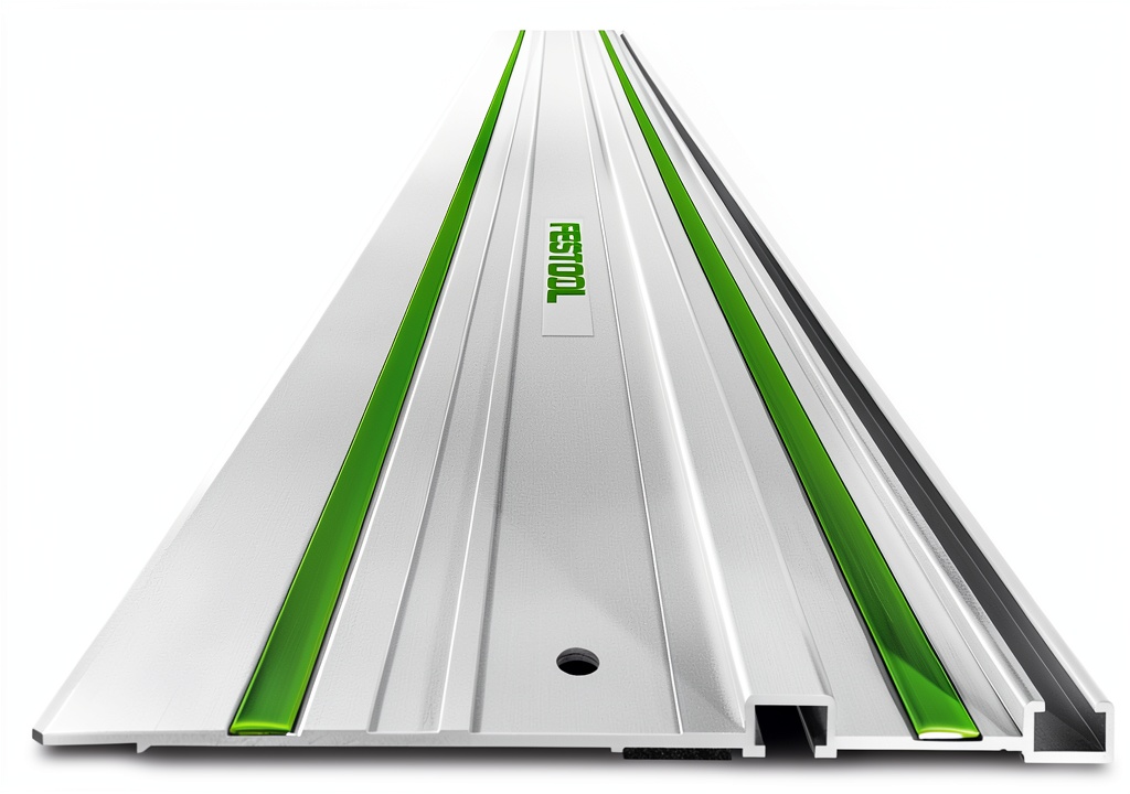 Festool guide rail positioned on a wooden board for cutting